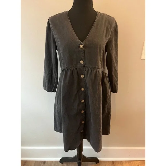 ASOS DENIM Grey Button Front Puff Sleeve A Line Mini Dress 4 - Picture 2 of 7